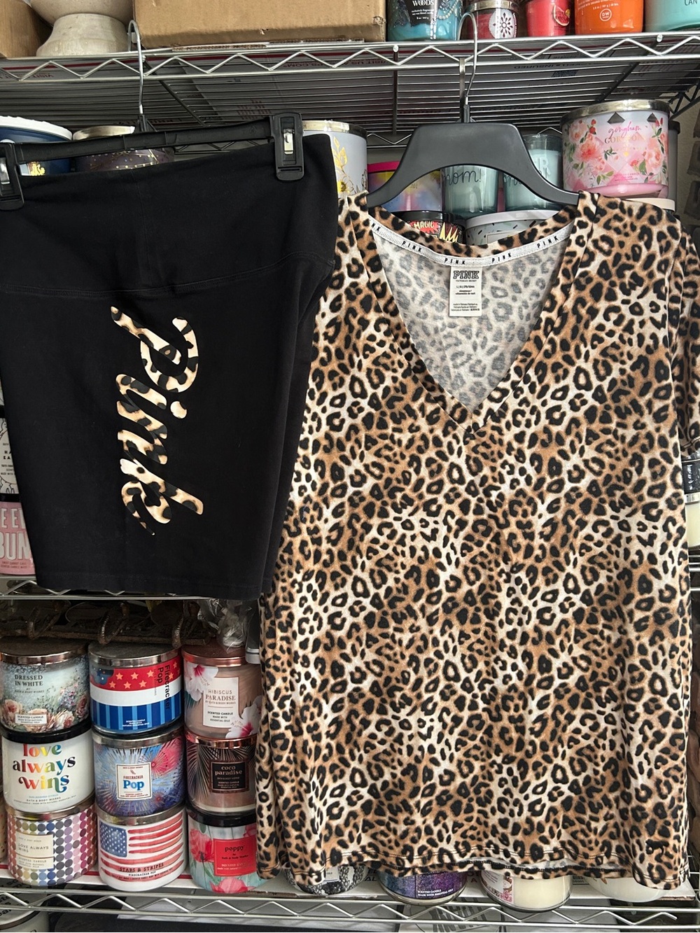PINK Victoria's Secret Leopard V-Neck Tee & Black Logo Shorts